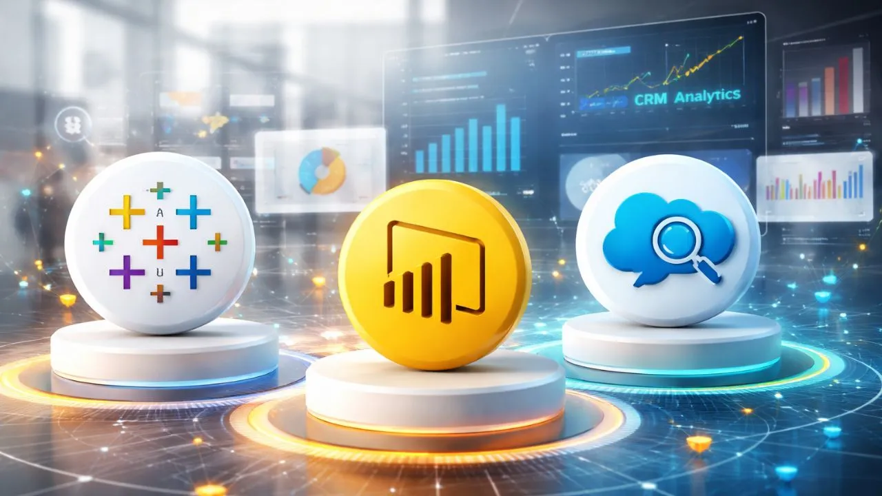 3D illustration comparing Tableau, Power BI, and Salesforce CRM Analytics dashboards with connected data visualizations in a modern analytics workspace