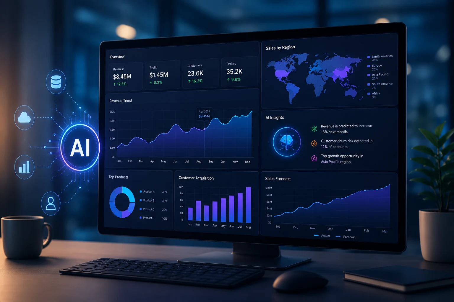 AI-powered business analytics dashboard showing real-time KPIs, predictive insights, sales forecasts, customer analytics, and data visualization on a modern enterprise interface.