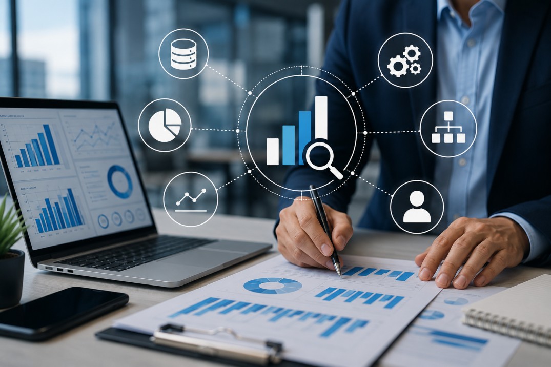 Business professional reviewing analytics reports with dashboard data visualizations and connected business intelligence systems.