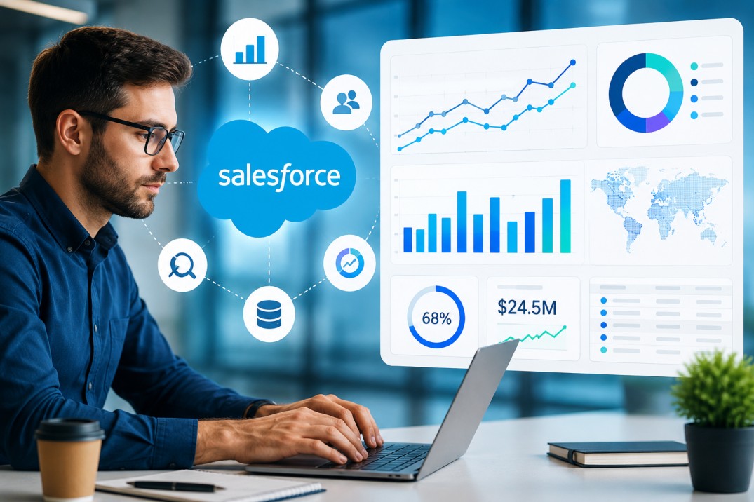 Data analyst using Salesforce analytics dashboard to analyze customer data, business metrics, reports, and predictive insights in a modern workspace
