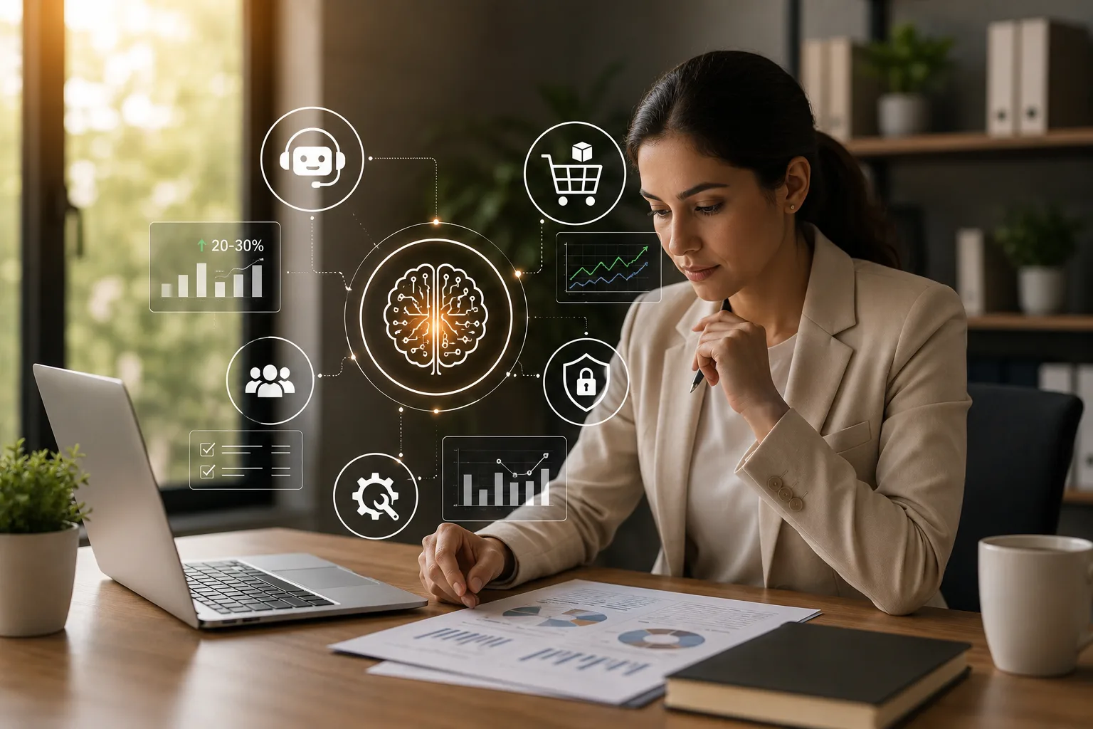Business professional analyzing AI-powered business insights on a laptop with digital icons representing customer support, predictive analytics, cybersecurity, automation, and business intelligence in a modern office.