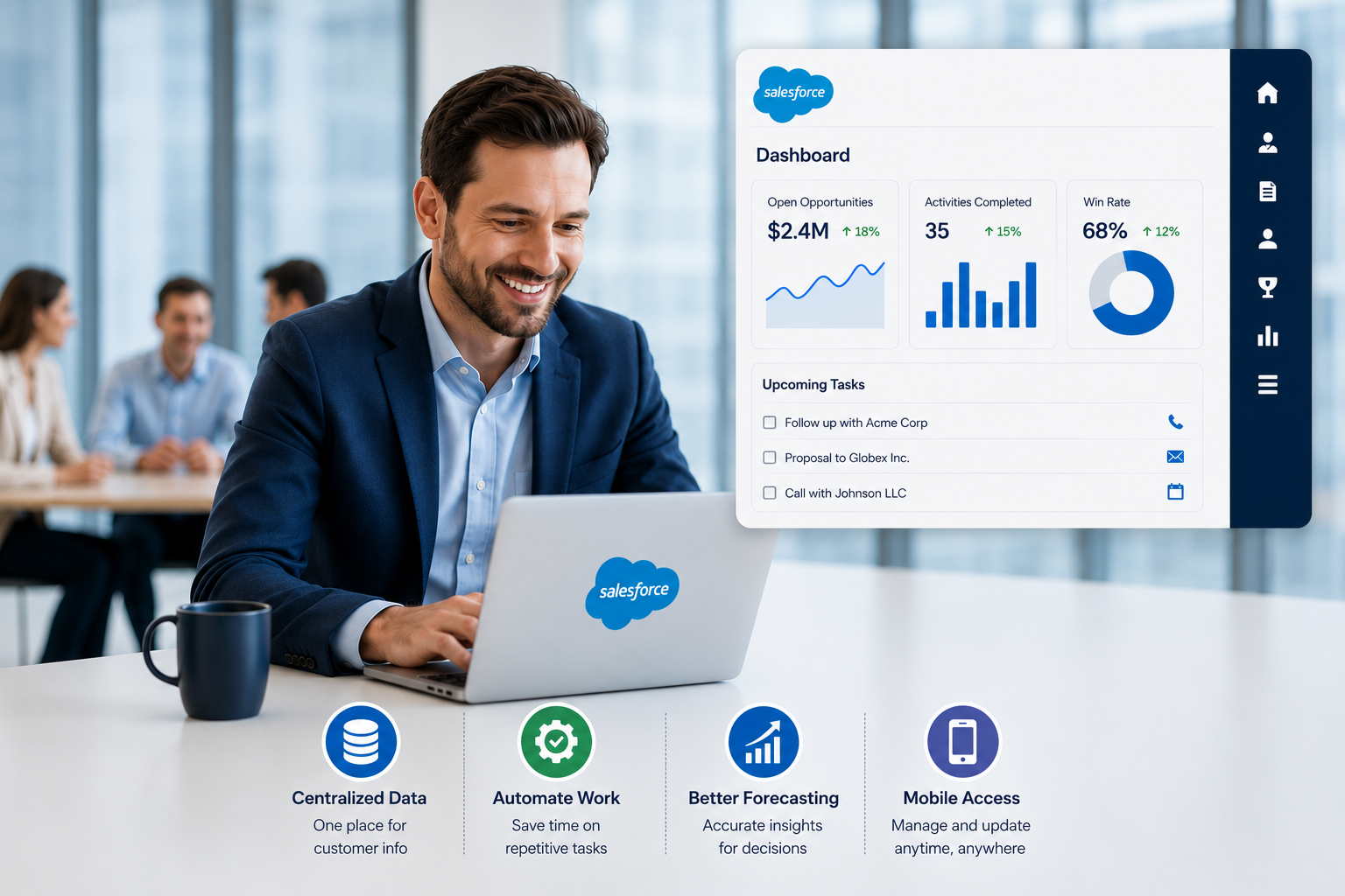 A sales professional using Salesforce CRM on a laptop while viewing a dashboard with sales metrics, pipeline insights, upcoming tasks, and key productivity features including centralized data, workflow automation, forecasting, and mobile access.