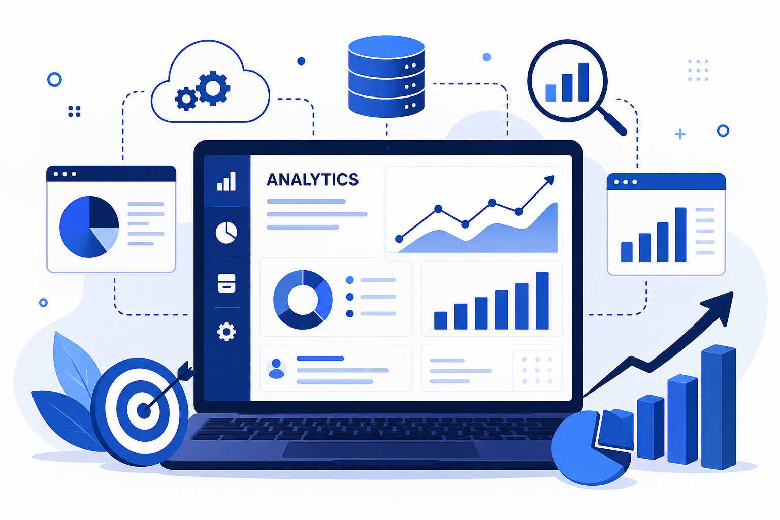 AI-powered business intelligence dashboard displaying real-time analytics, cloud data integration, interactive charts, performance metrics, and business growth insights on a laptop screen.