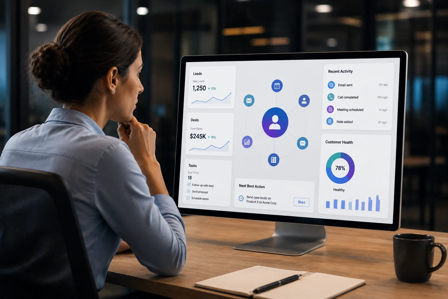Business professional reviewing a CRM dashboard showing leads, deals, tasks, customer health, and automated next actions
