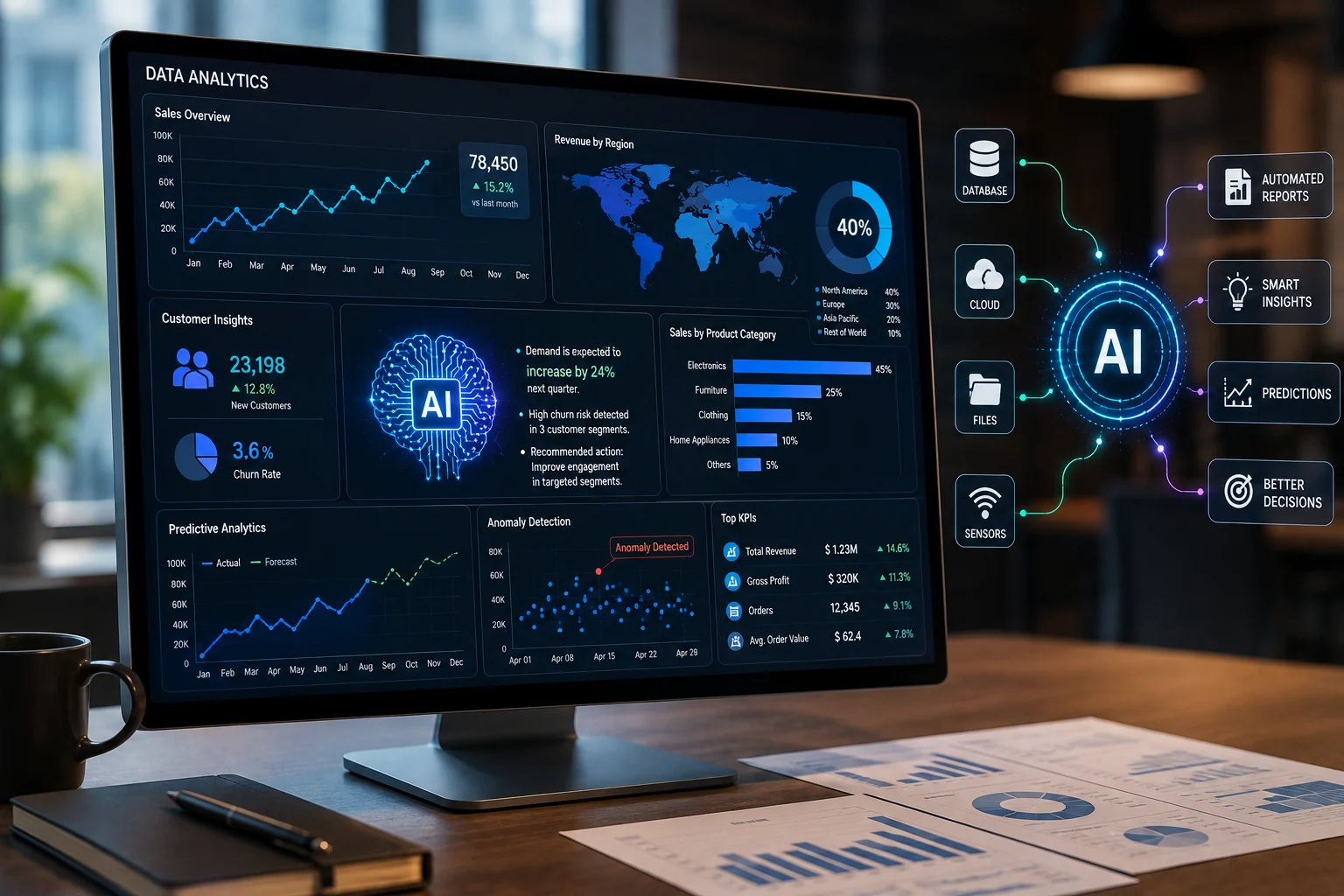Modern desktop monitor displaying an AI-powered data analytics dashboard with sales trends, customer insights, predictive analytics, anomaly detection, KPI metrics, and an AI workflow connecting multiple data sources to automated business insights.