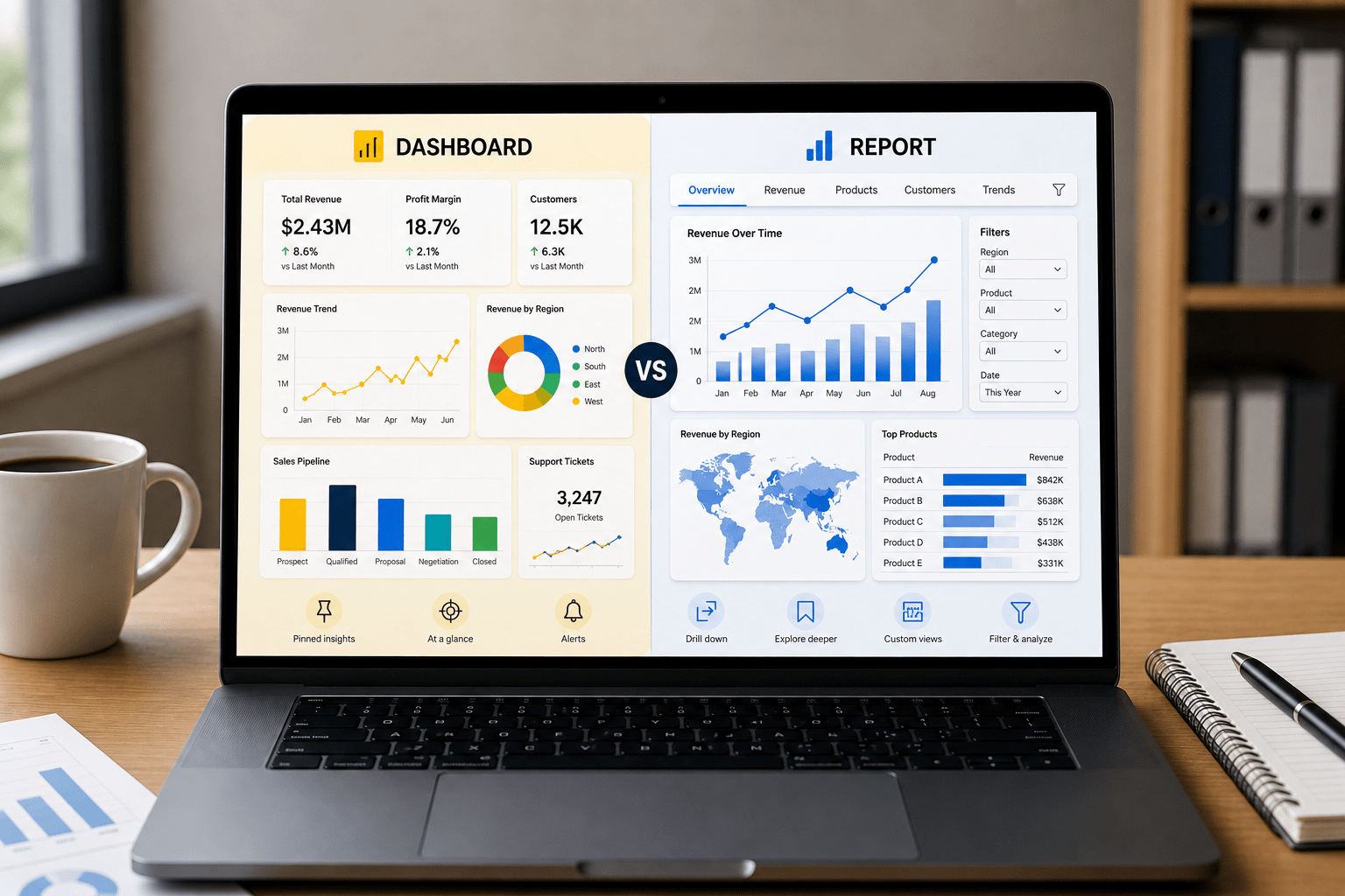 Power BI dashboard vs report displayed on a laptop in a modern office workspace