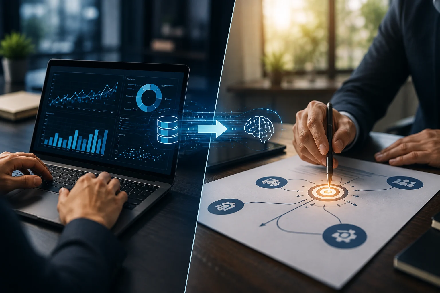 Realistic split-screen business analytics scene showing data analysis on a laptop and strategic decision-making on a business planning document.