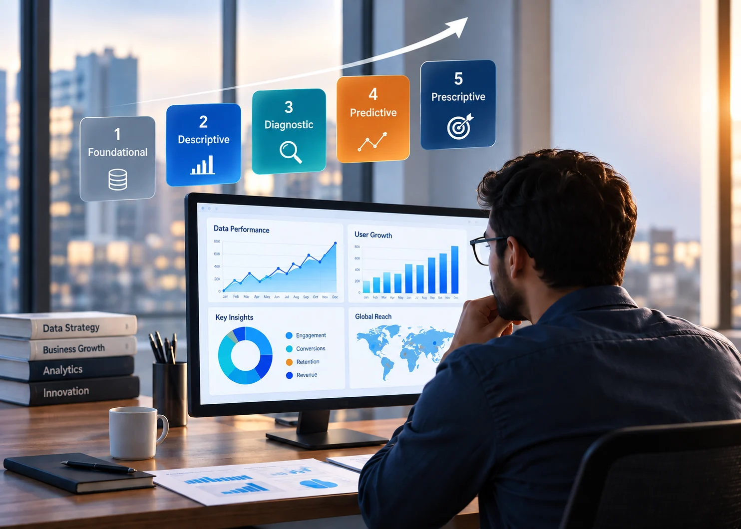 Data analytics maturity model showing five stages from foundational to prescriptive analytics on a rising progression.