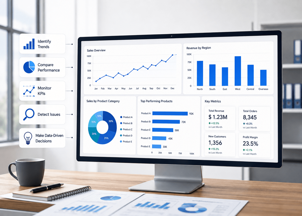 Modern data visualization dashboard showing sales trends, regional revenue, product performance, KPI metrics, and business analytics insights.