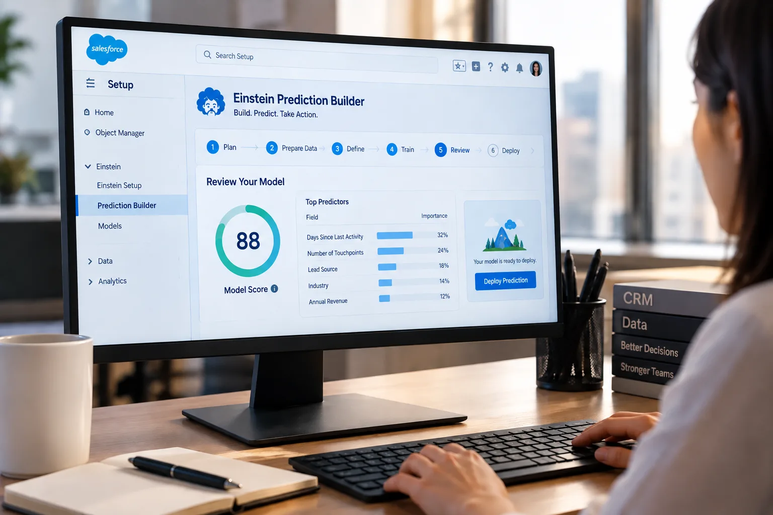 Salesforce Einstein Prediction Builder model review screen showing prediction score and top predictors