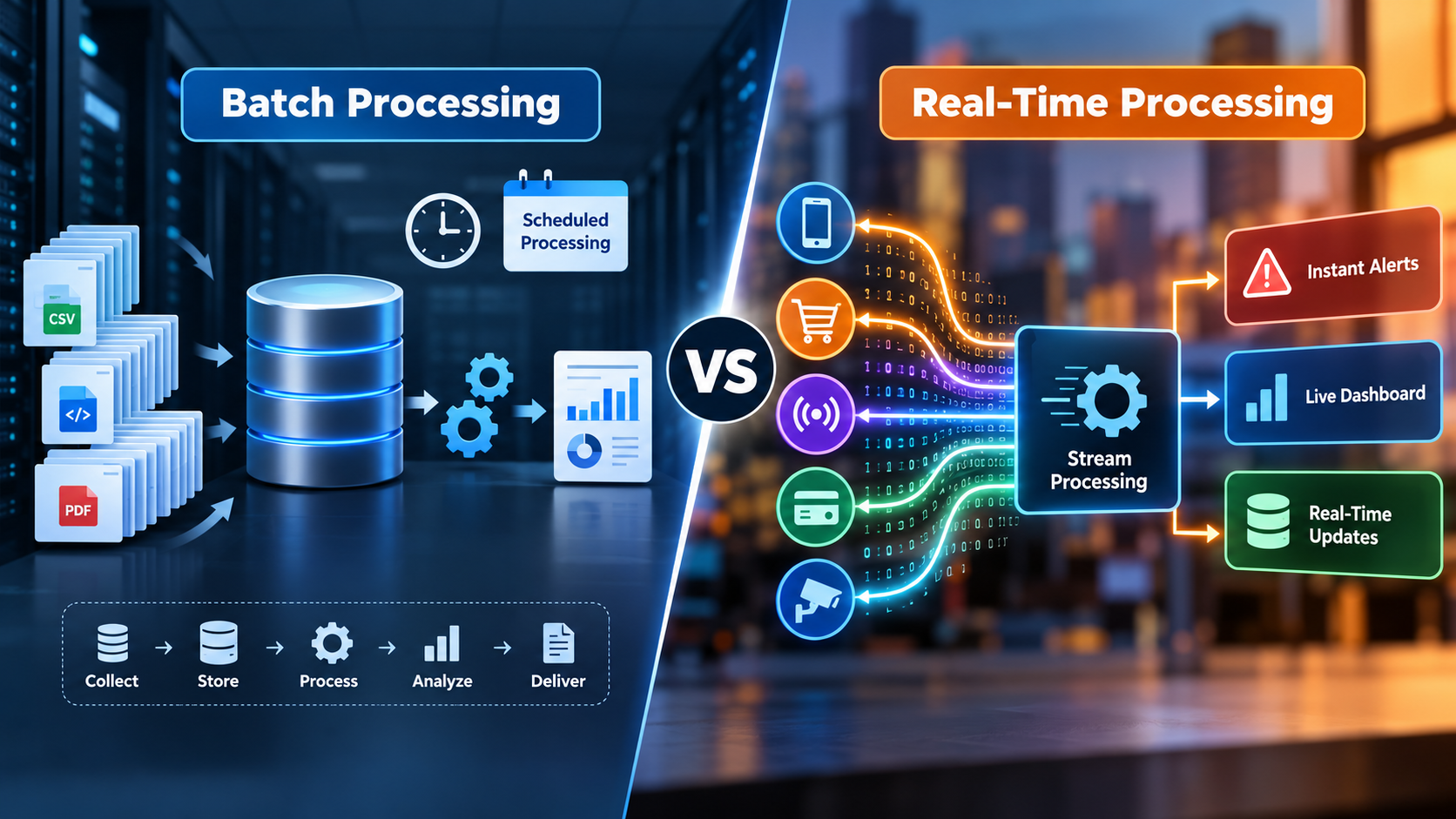 Infographic comparing batch processing and real-time processing, showing scheduled data processing, database storage, live data streams, instant alerts, and real-time dashboard updates.