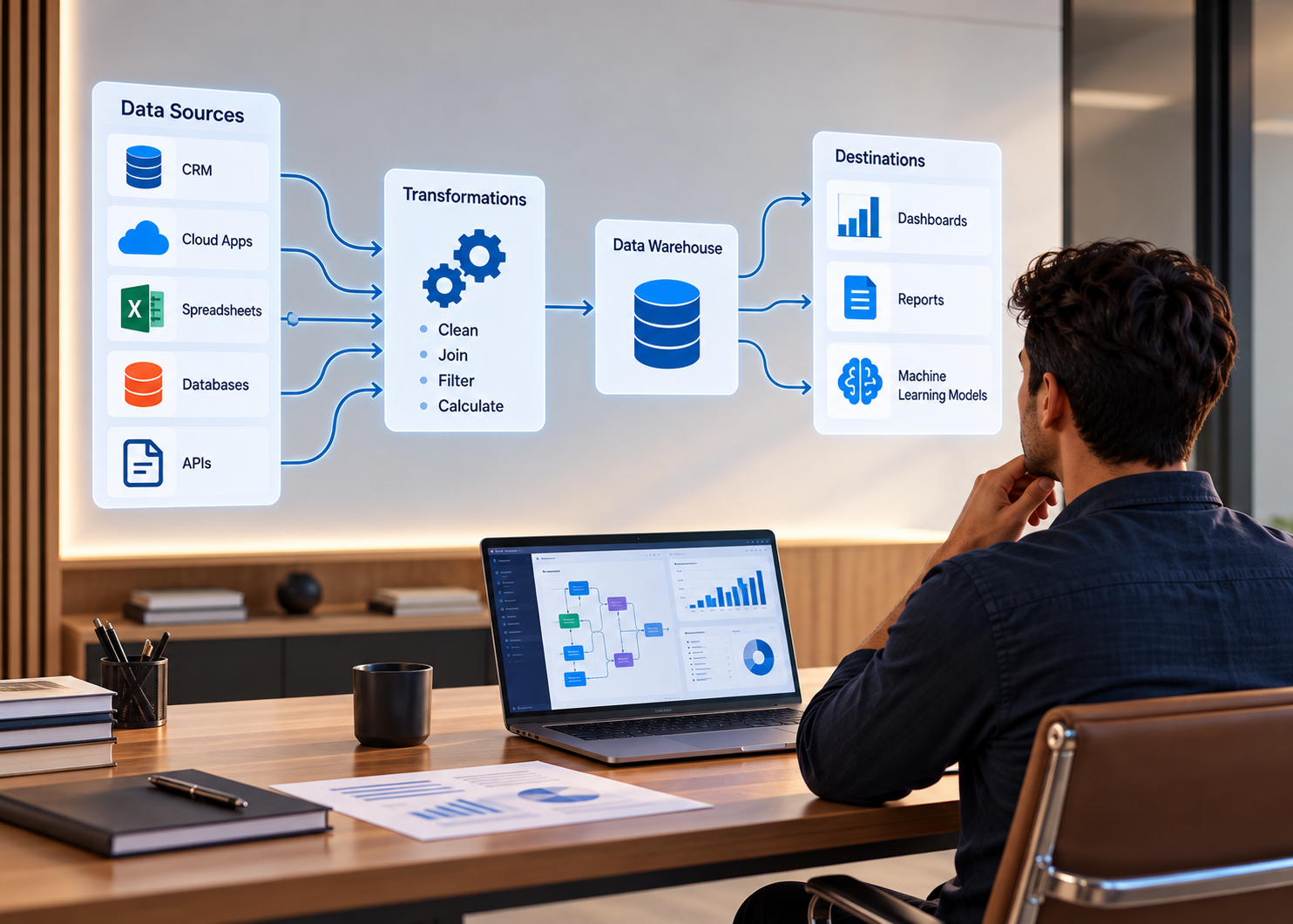 Data lineage diagram showing data sources, transformations, a data warehouse, and analytics dashboards in a modern office.