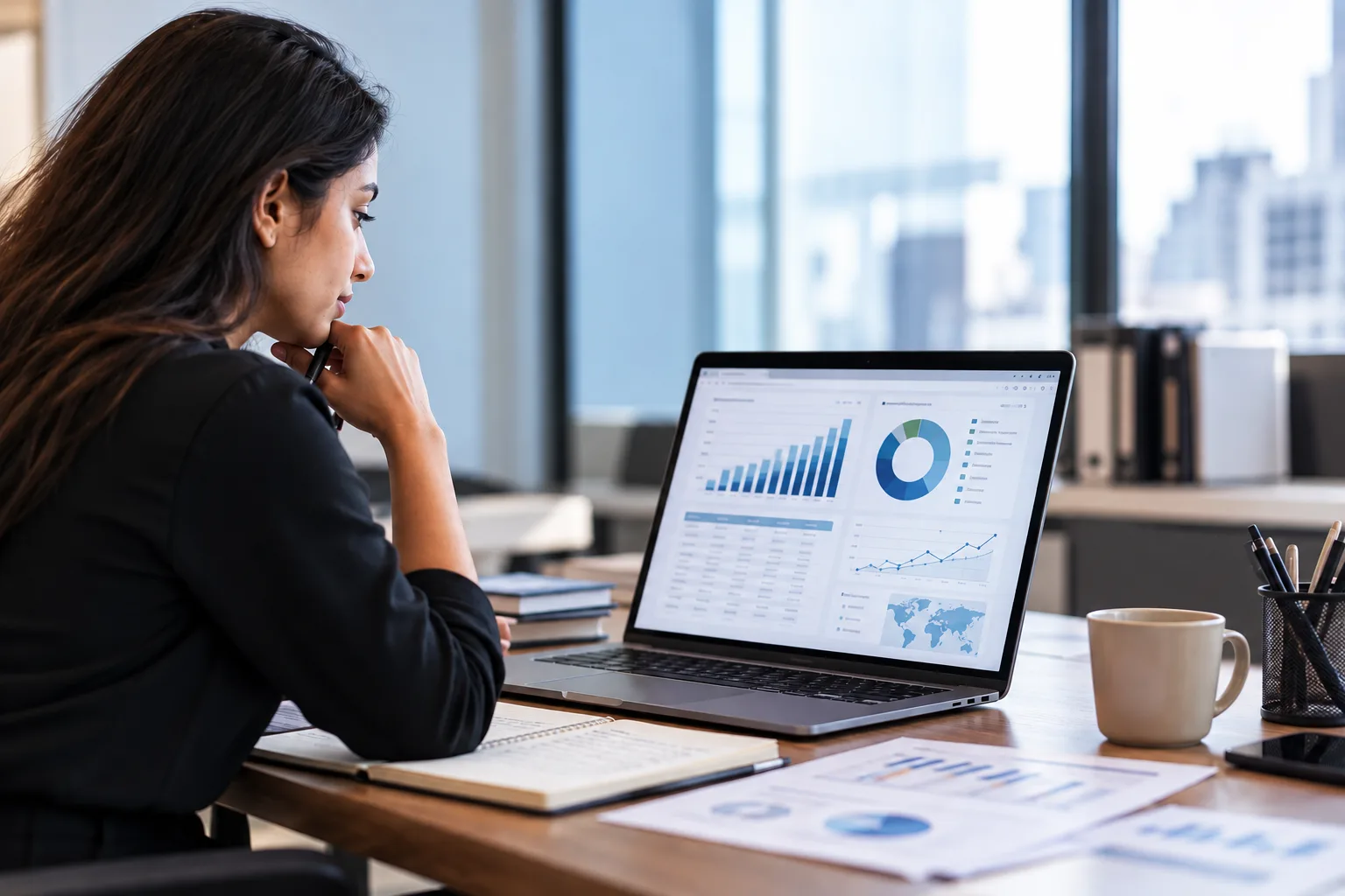 Woman analyzing data quality metrics and analytics dashboards on a laptop in a modern office.