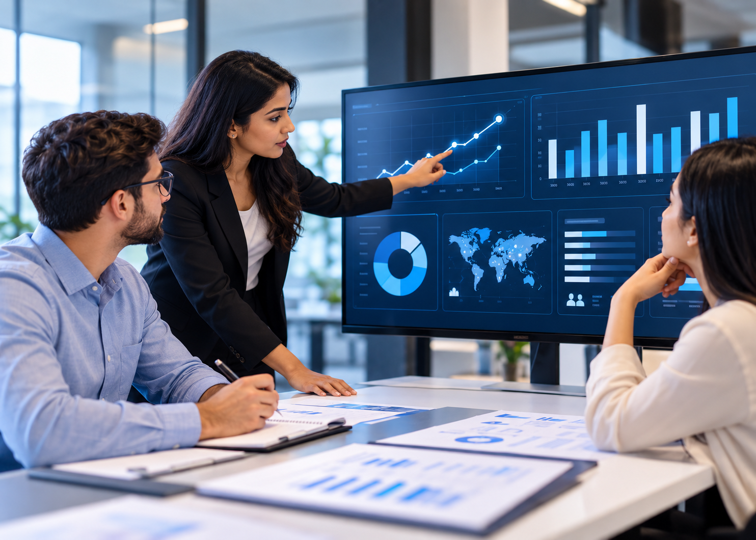 Predictive analytics consulting team analyzing business data and dashboards